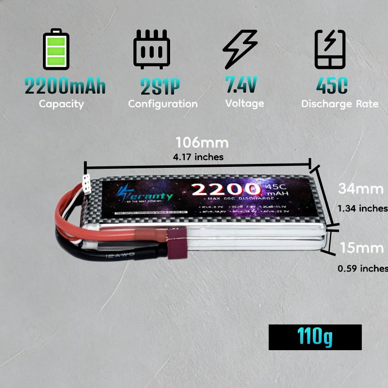 Teranty 2S 7.4 V 2200mAh 45C RC Lipo Battery T Plug Soft Case Short Pack RC Battery for 1:16 RC Car RC Helicopter Airplane