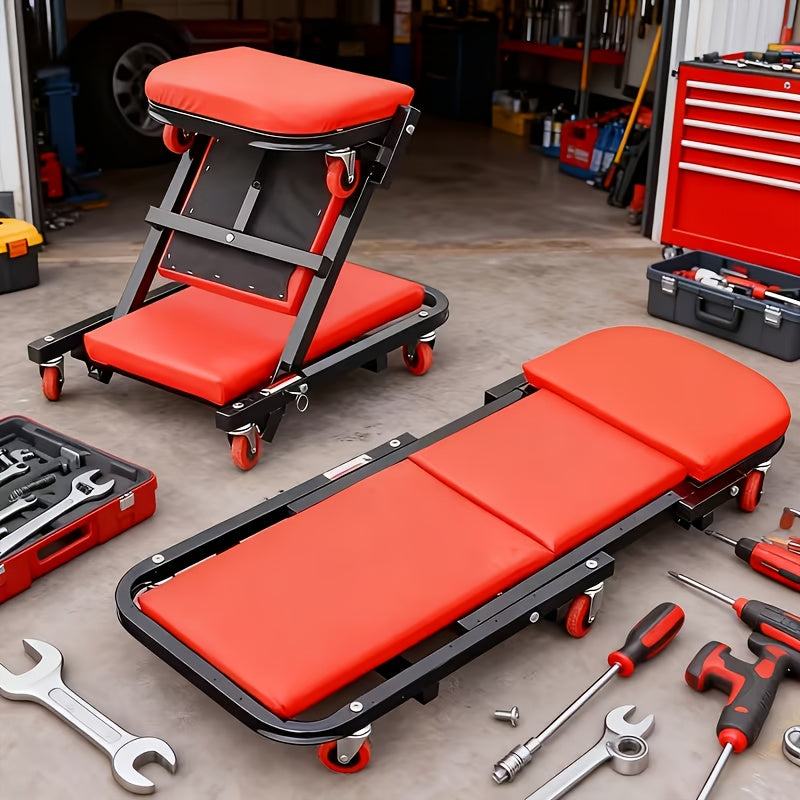 Foldable Crawler 2-in-1 Rolling Garage Z Crawler Car Seat, 330 Lb Weight Capacity, Ergonomic Design And Adjustable Height, Suitable for Car Maintenance, Vehicle Repair, Auto Repair Tools, Sturdy Construction, Automotive Professionals Dropshipman