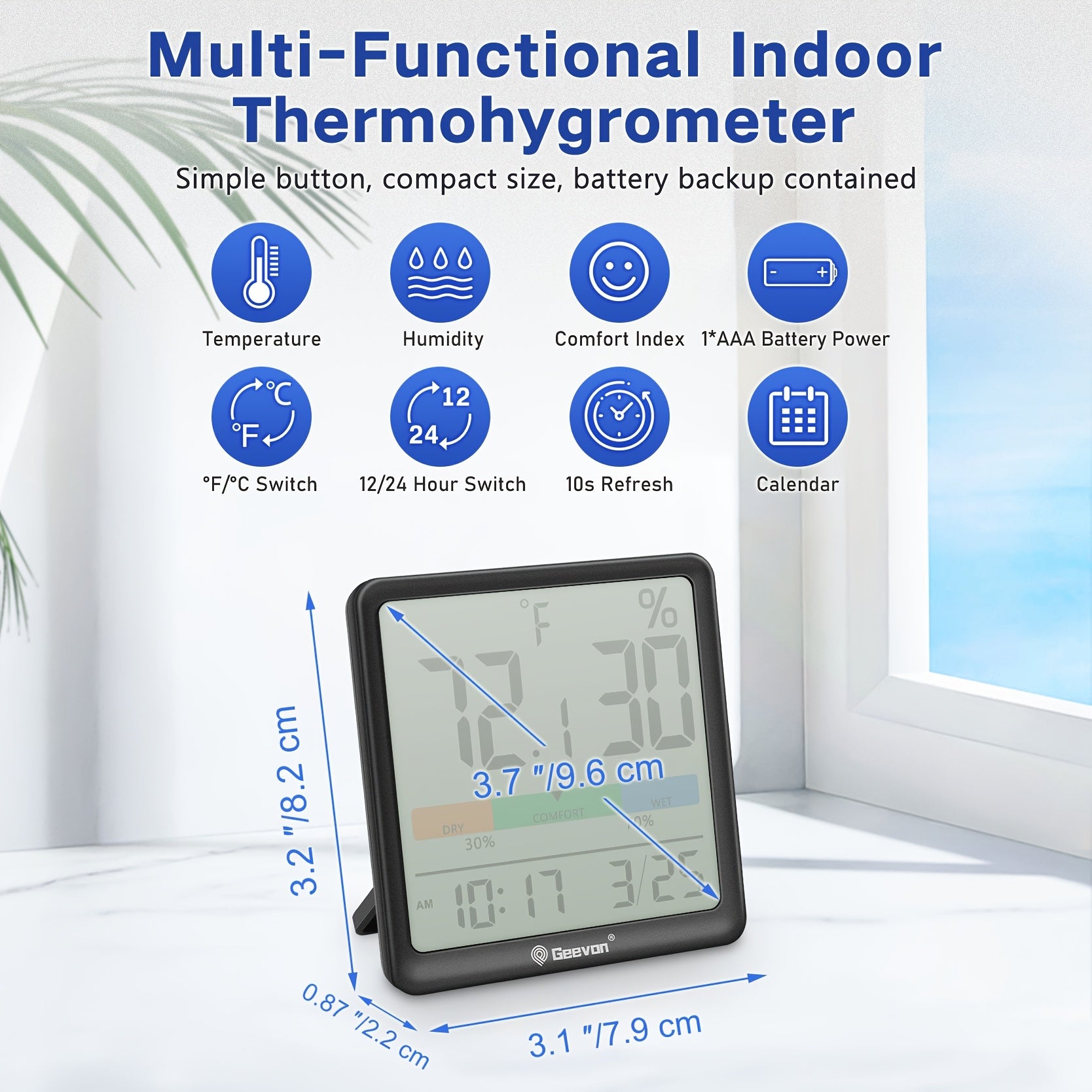 [Indoor Thermometer Hygrometer] Geevon Digital Indoor Thermometer Hygrometer, Wireless Temperature Humidity Meter with Comfort Index, Calendar, Small Room Temperature Monitor for Home, Greenhouse, Bedroom Dropshipman
