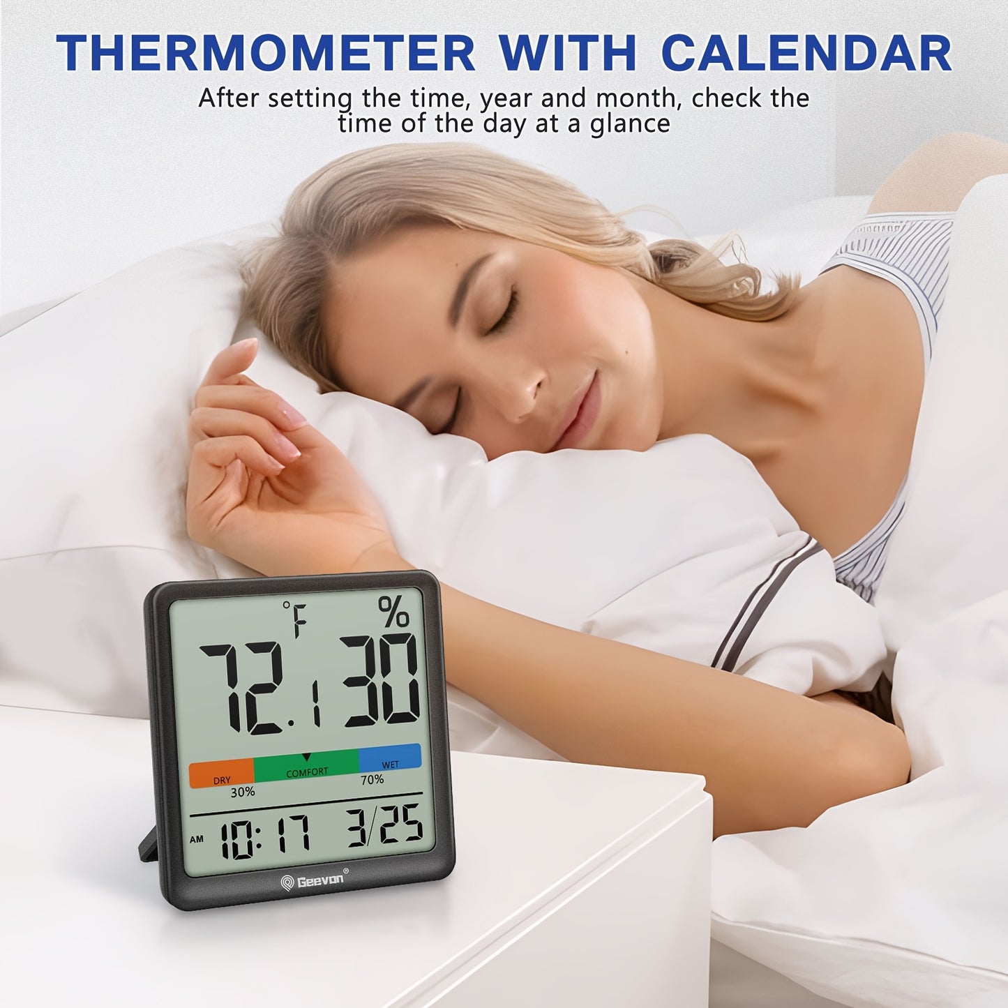 [Indoor Thermometer Hygrometer] Geevon Digital Indoor Thermometer Hygrometer, Wireless Temperature Humidity Meter with Comfort Index, Calendar, Small Room Temperature Monitor for Home, Greenhouse, Bedroom Dropshipman