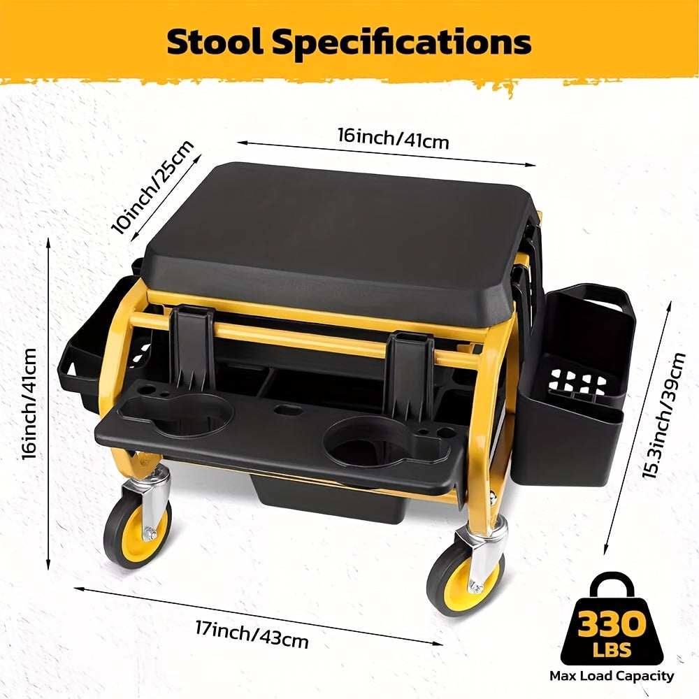 2-in-1 Rolling Mechanic Seat Kneeling Pad/Heavy-Duty Garage Creeper Seat With Tool Storage/360° Swivel Casters/330 LBS Load Capacity/Ideal For Car, Motorcycle, Home Repair Dropshipman