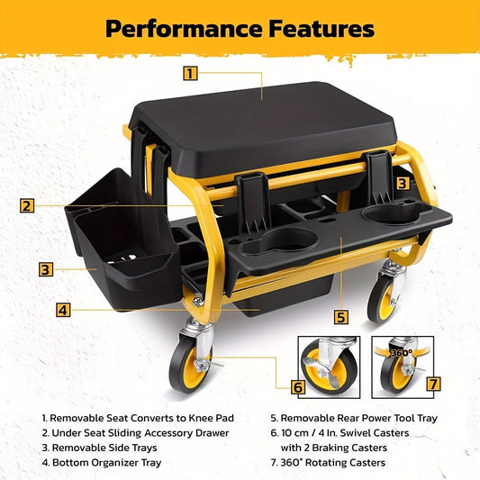 2-in-1 Rolling Mechanic Seat Kneeling Pad/Heavy-Duty Garage Creeper Seat With Tool Storage/360° Swivel Casters/330 LBS Load Capacity/Ideal For Car, Motorcycle, Home Repair Dropshipman