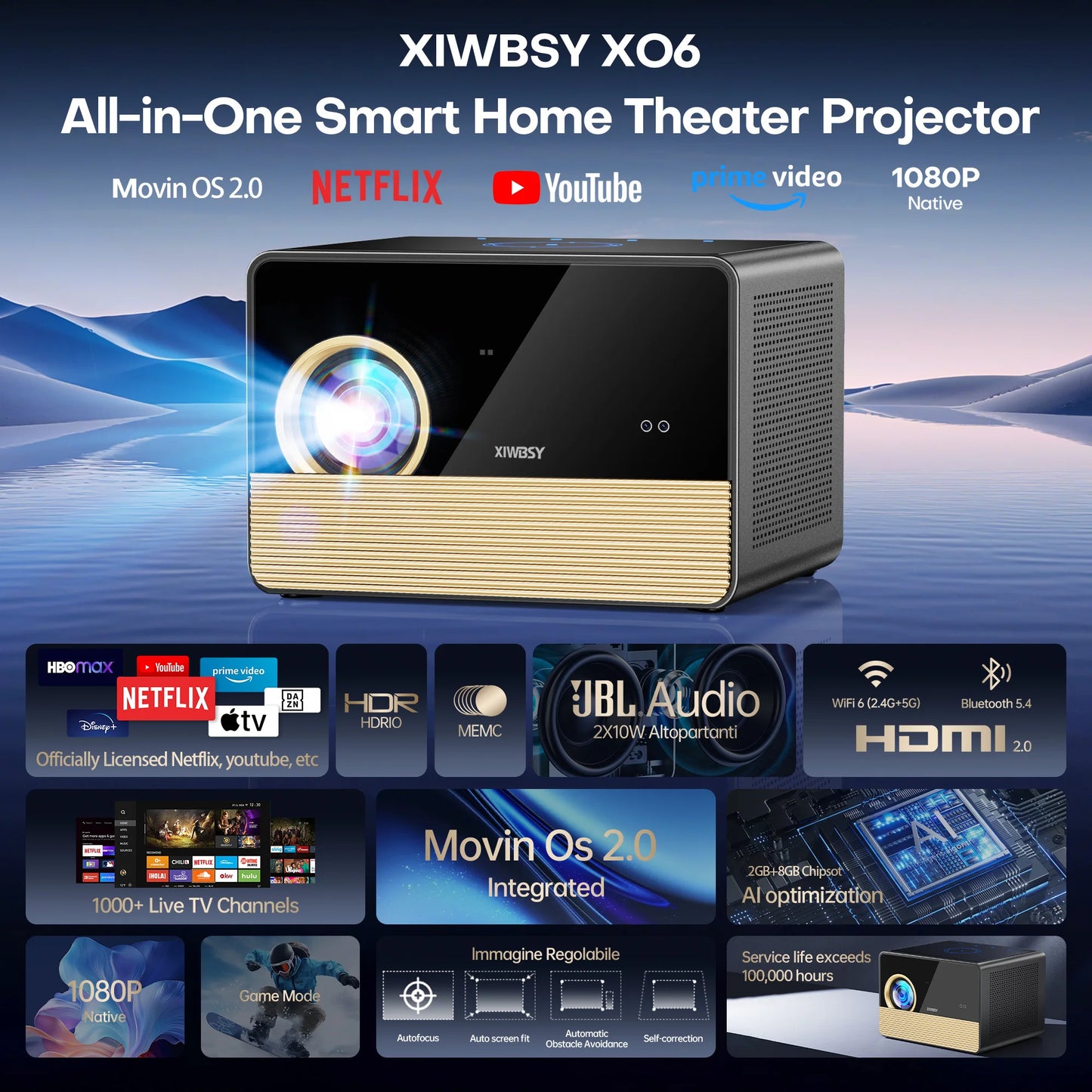 XIWBSY 2026 X06 50000Lumens Daylight Projector Full HD 1080P Laser TOF Focus Projector BT5.4 WiFi6 UHD Google TV Projector 4K