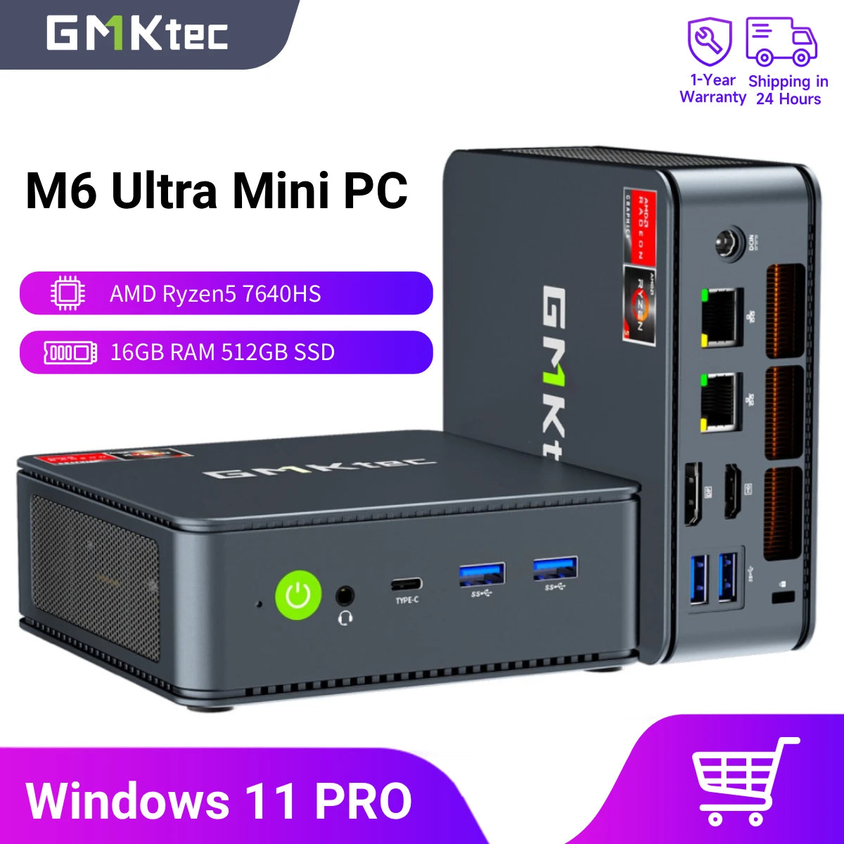 GMKtec M6 Ultra Mini PC AMD Ryzen 5 7640HS 16GB RAM 512GB ROM Desktop Computer Dual 2.5G Dual LAN WiFi 6E BT 5.2 Windows 11 Pro