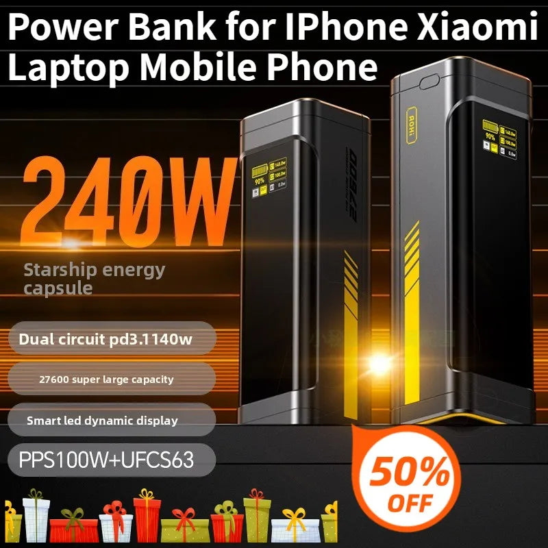 Power Bank 27600mAh 240W PD3.1 Digital Display Bidirectional Fast Charger External Battery for IPhone Xiaomi Laptop Mobile Phone