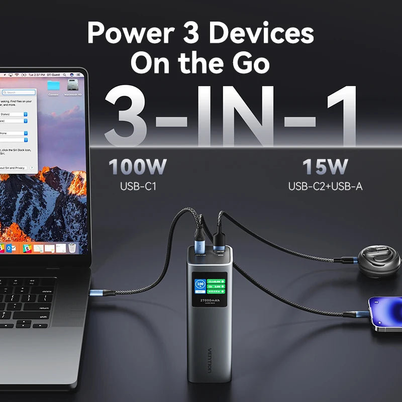 Vention 140W Power Bank 27000mAh PD3.1 Fast Charging for iPhone 17 16 Samsung S25 S24 Portable Powerbank for Laptops Macbook Pro