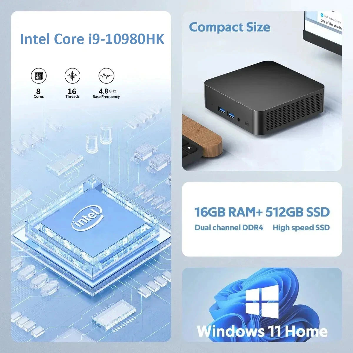 Mini PC Intel Core i9-10980HK Windows 11 Pro 16/32GB DDR4 1TB 2TB M.2 SSD Gamer Pc 4K HD Dual WIFI 6 BT5.2 Desktop Mini Computer