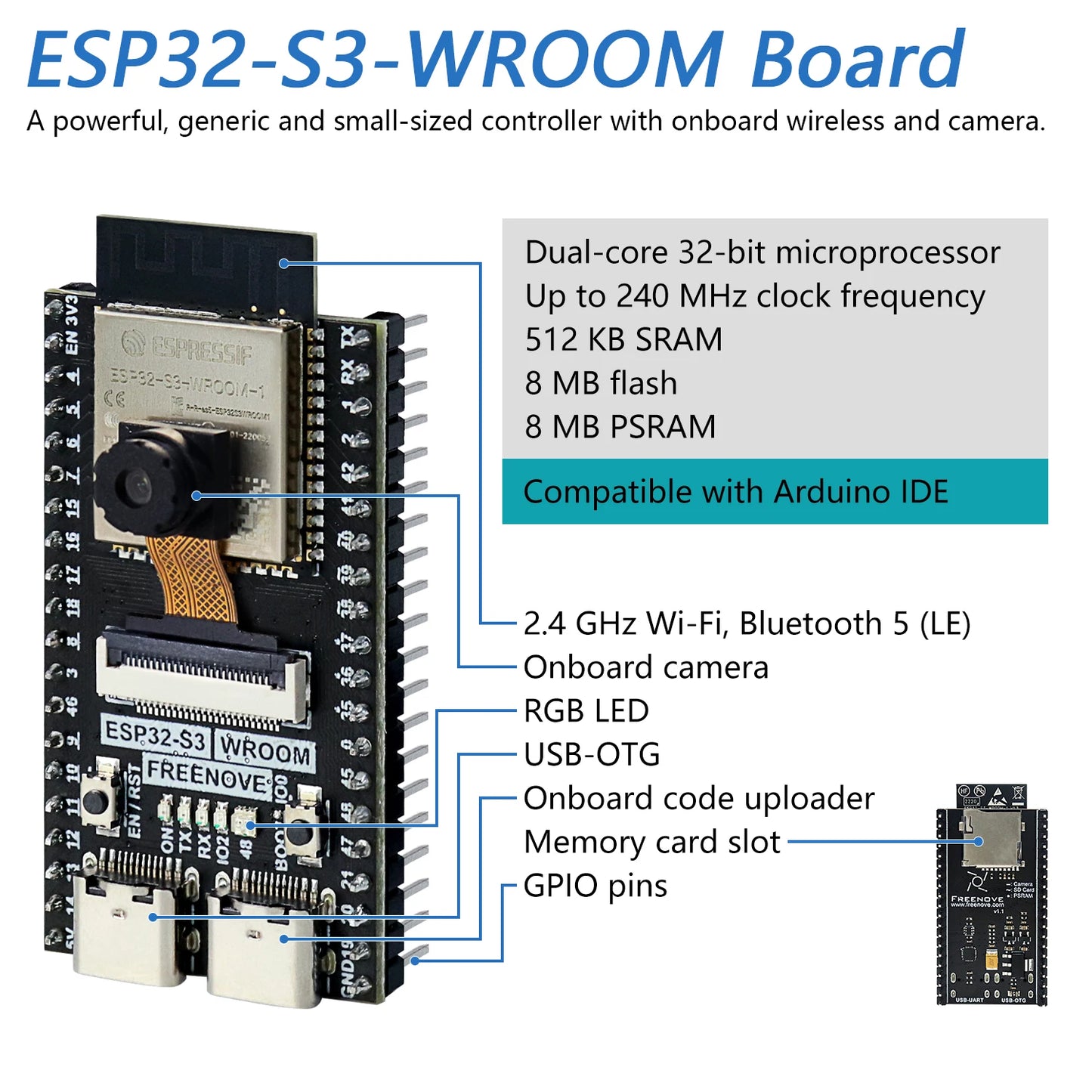 Freenove Development Kit for ESP32-S3 CAM Wireless, Dual-core 32-bit 240 MHz, Touch Screen Stereo Speakers Heart Rate Sensor Dropshipman
