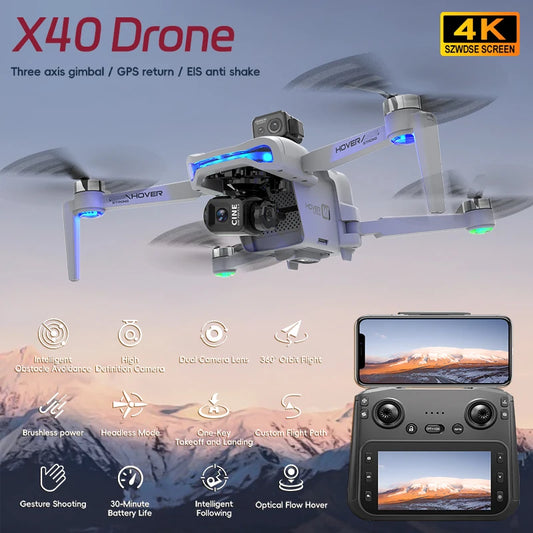 New X40 Max Drone 4K Professional HD Camera 3-Axis Gimbal Aerial 4.5-Inch Large Screen Obstacle Avoidance GPS Security FPV Drone Dropshipman
