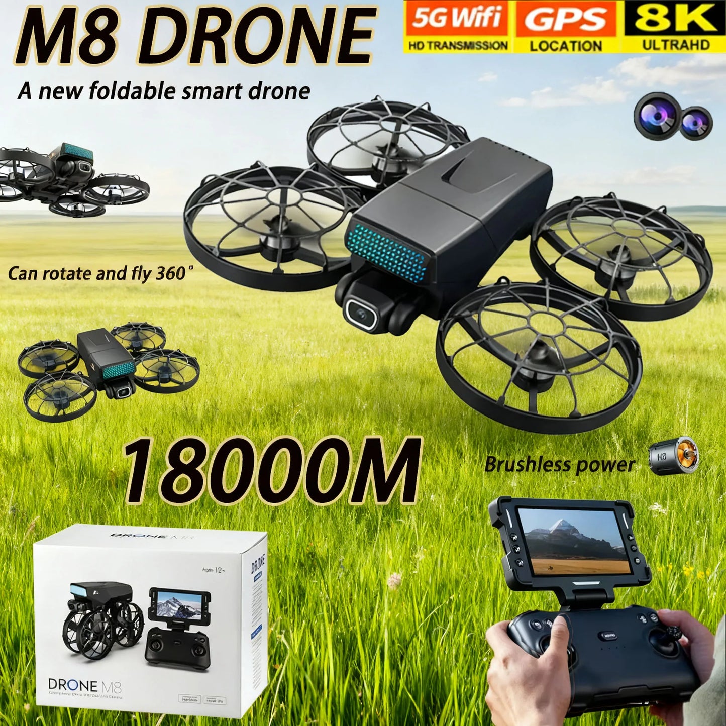NEW M8 Mini Camera Drone With Dual Cameras Foldable Design Fully Protective Cover 360 Roll LED Lights Brushless Motor Quadcopter Dropshipman