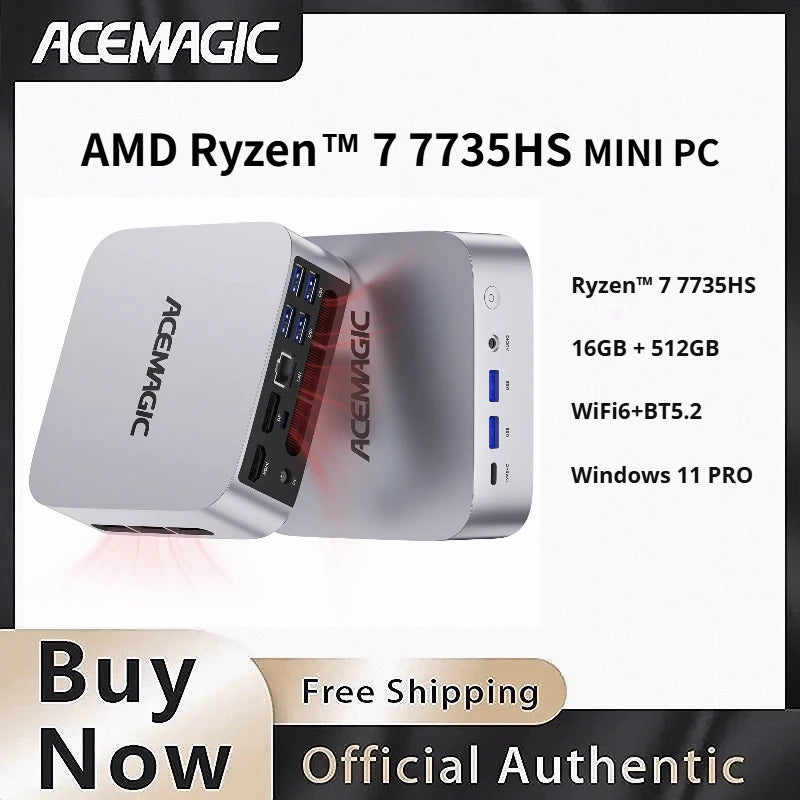 AMD Ryzen 7 7735HS Mini PC 16GB LPDDR5 512GB SSD Triple 4K Displays Radeon Graphics Pre-installed Windows 11 Pro Portable Comput