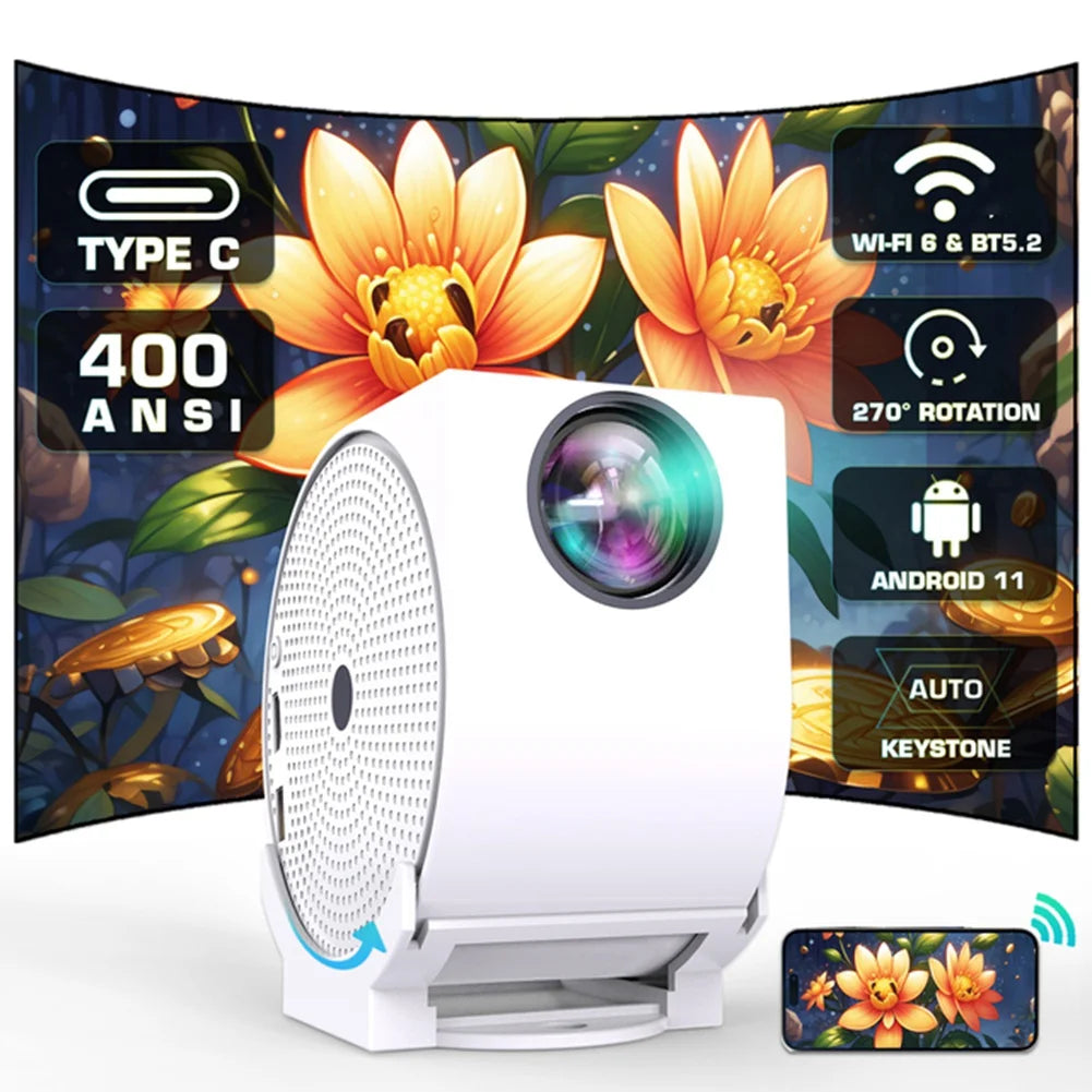 B53CC TYPE C 4K 400ANSI Mini Projector with WIFI and Bluetooth,BT5.2 4K Movie Video Projector with 270° Rotatable EU PLUG Dropshipman