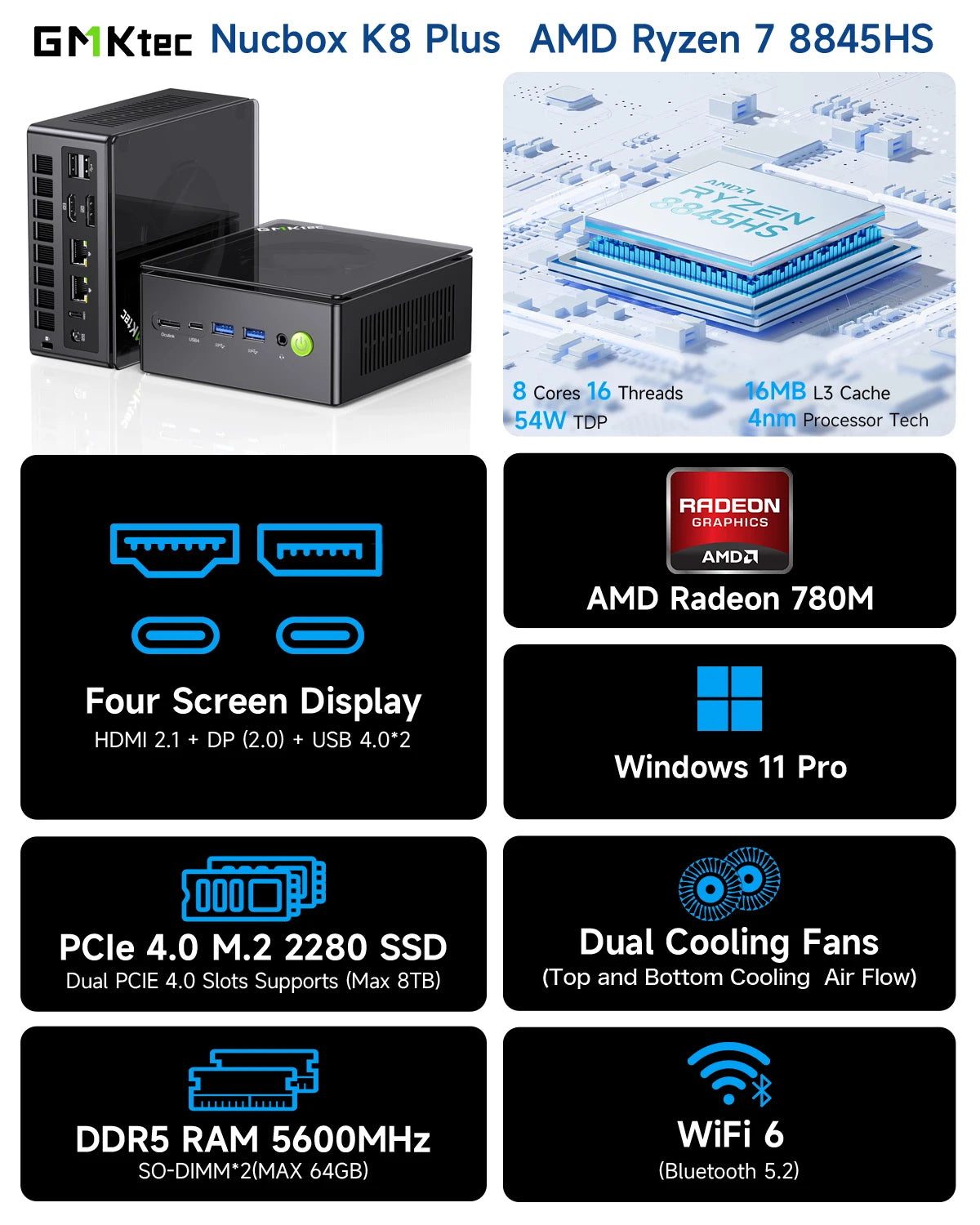 GMKtec K8 Plus Mini PC AMD R7-8845HS NUCBOX Window 11 Pro AMD Radeon™ 780M Oculink*1（PCIE GEN4*4)） DDR5 5600MHz
