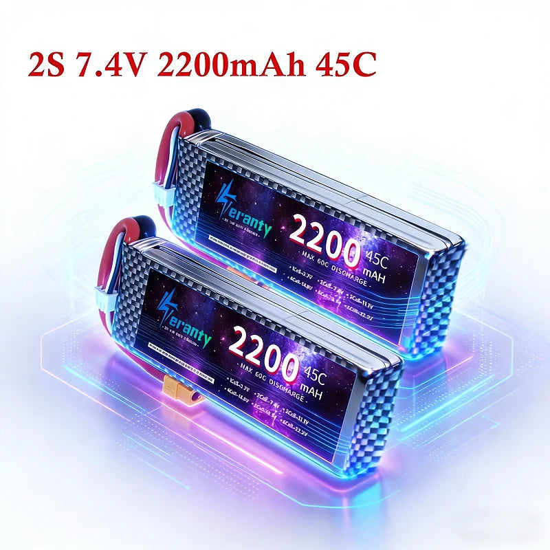 Teranty 2S 7.4 V 2200mAh 45C RC Lipo Battery T Plug Soft Case Short Pack RC Battery for 1:16 RC Car RC Helicopter Airplane
