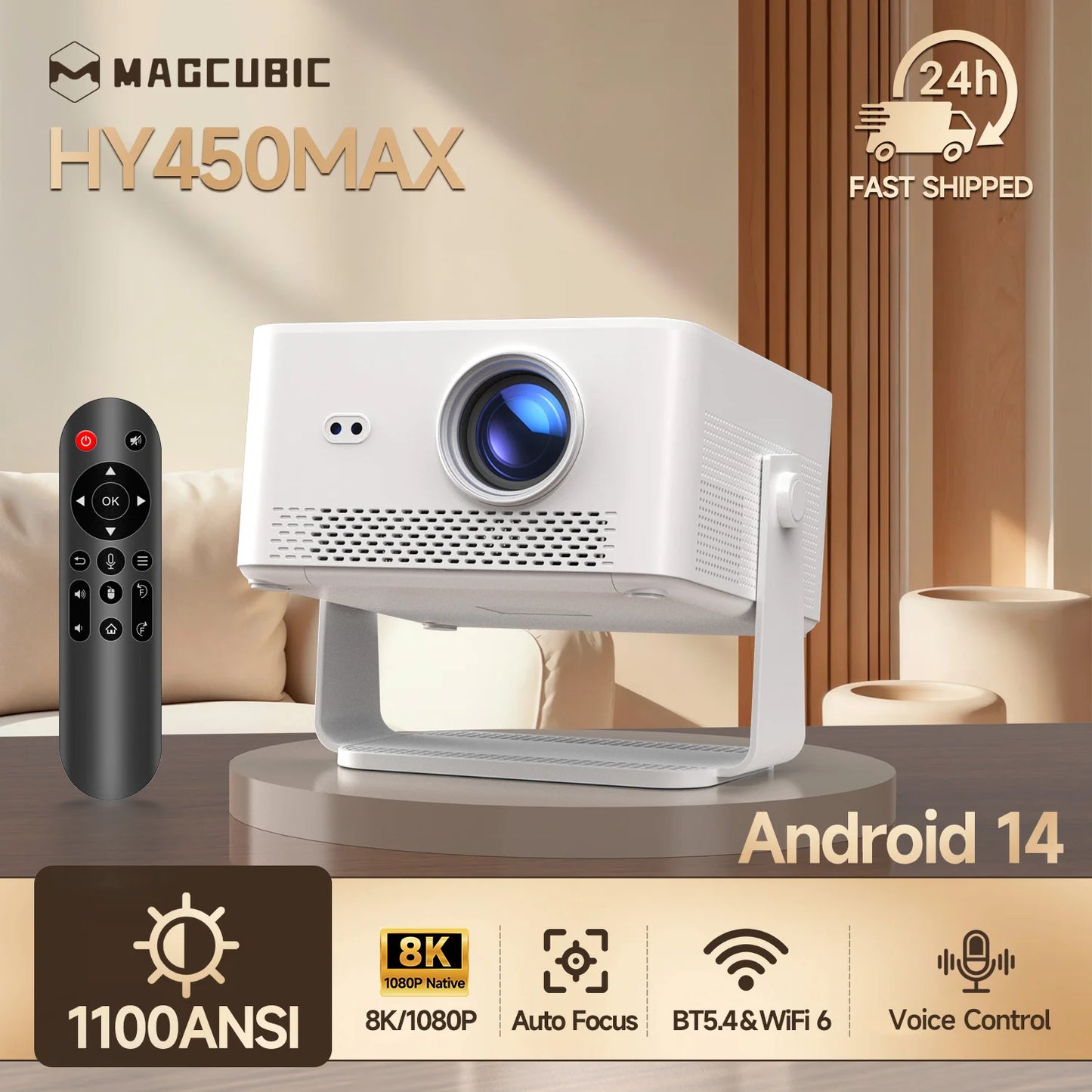 Magcubic HY450MAX 1100 Ansi LED Native 1080P Projector Android 14 Beam 8K Projectors Wifi6 Movie Home Theater Voice Control
