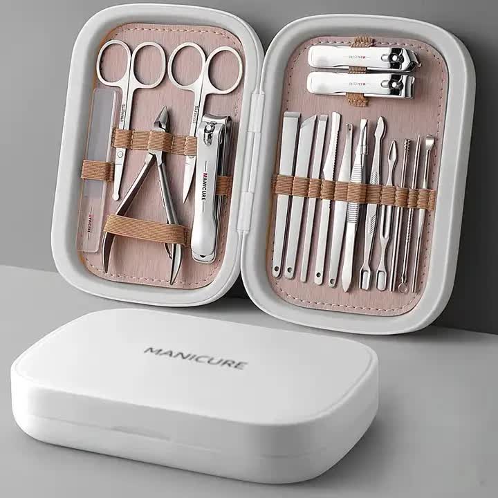 NNEDSZ White 18-Piece Manicure and Pedicure Set - Stainless Steel Nail Clipper Kit | Professional Nail Care Grooming Tools | Compact Portable Case