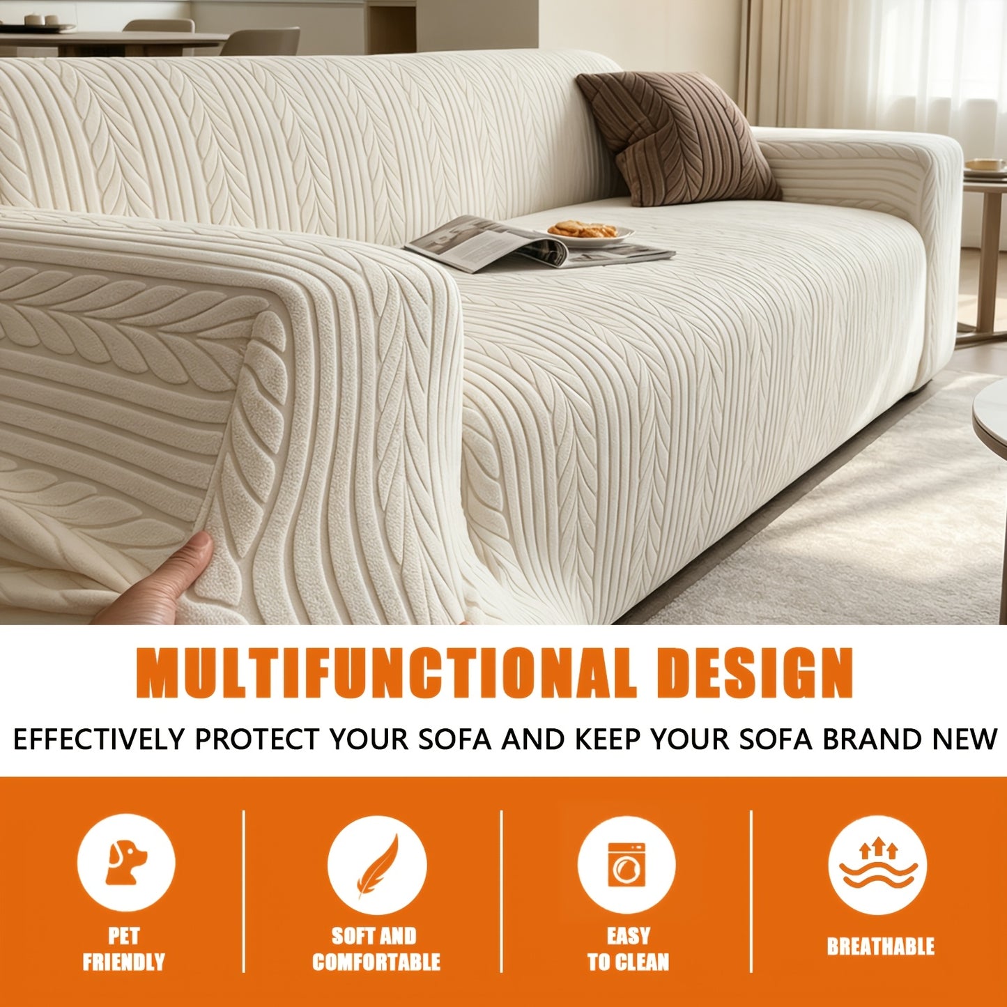 [Washable Sofa Cover] 1pc Of Striped Sofa Cover - Washable, Elastic, Scratch-resistant, And Anti-slip Protective Pad for Sofas In All Seasons, Made Of White Textured Fabric with A Sawtooth Pattern, Suitable for Living Room Decoration And Furniture Protec Dropshipman